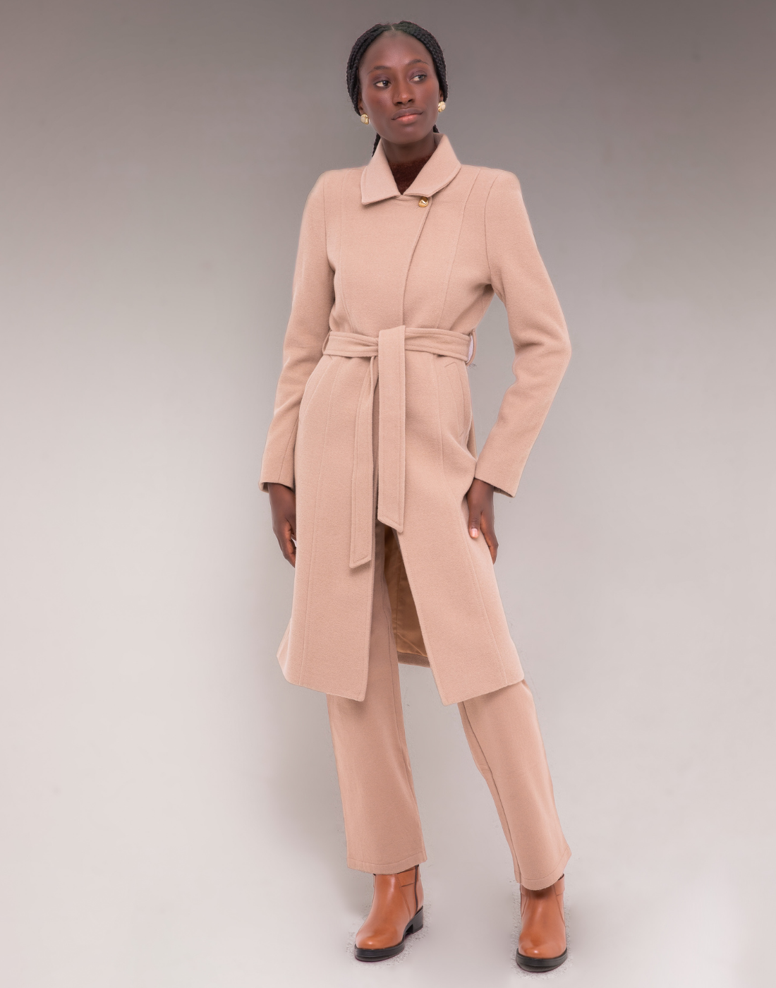 Casaco Lã Natural Longo com Faixa Sezze Bege