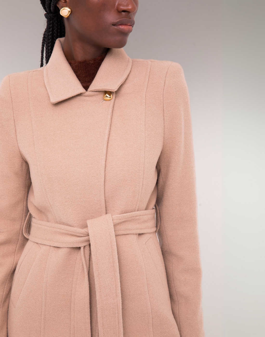 Casaco Lã Natural Longo com Faixa Sezze Bege