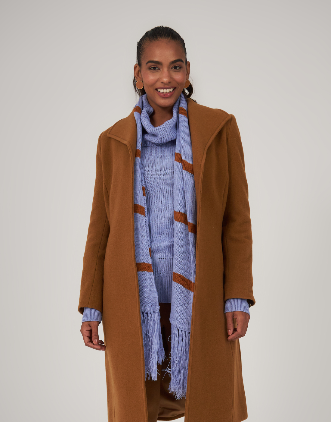 Cachecol Invernada Listrado Teles Lilás e Caramelo