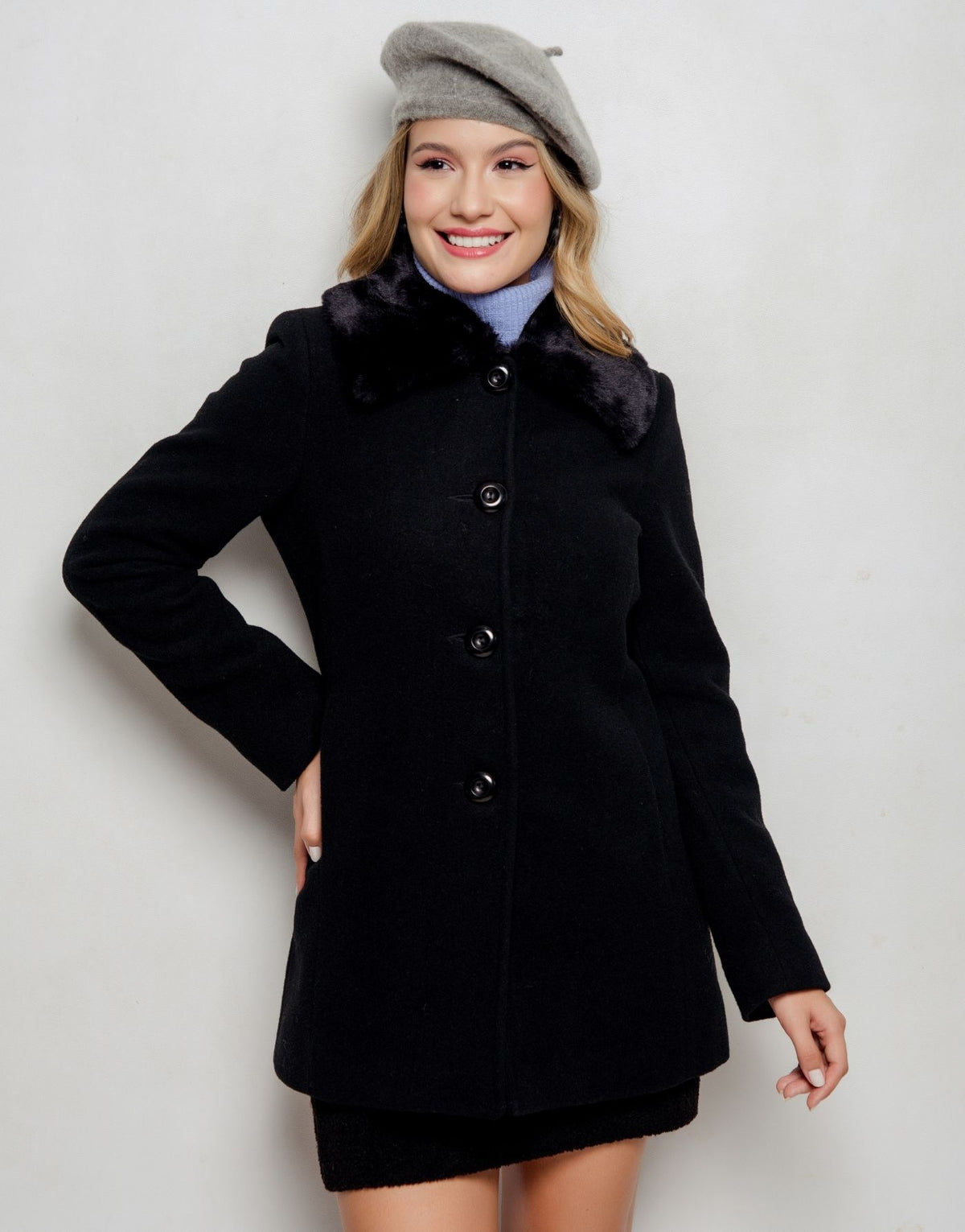 Casaco Lã Natural Gola Pelo Bérgamo Preto