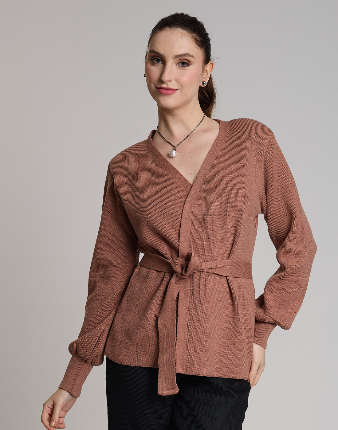 Casaco de Tricot com Faixa Softline Bege Aurora