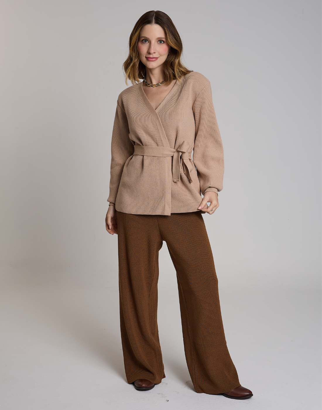 Casaco de Tricot com Faixa Softline Bege