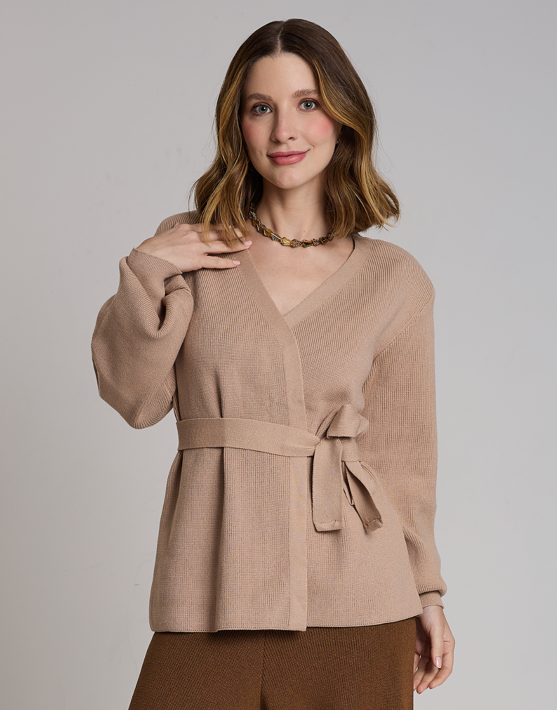 Casaco de Tricot com Faixa Softline Bege