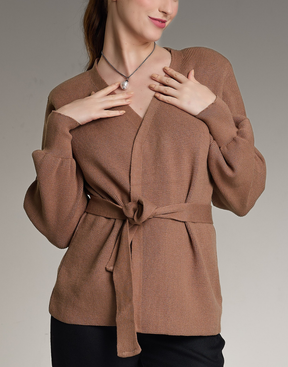 Casaco de Tricot com Faixa Softline Bege Aurora