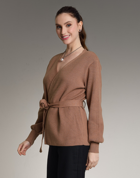 Casaco de Tricot com Faixa Softline Bege Aurora