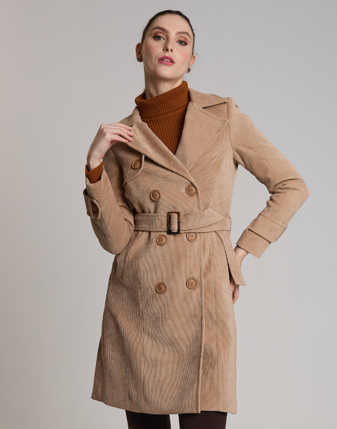 Trench Coat Veludo Cotelê Bege