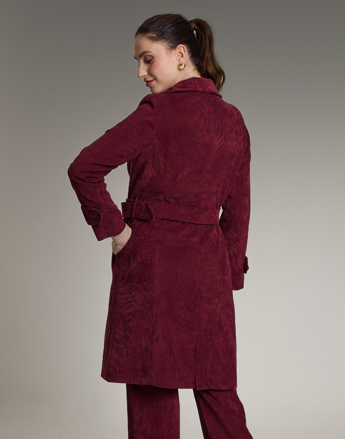 Trench Coat Veludo Cotelê Vinho