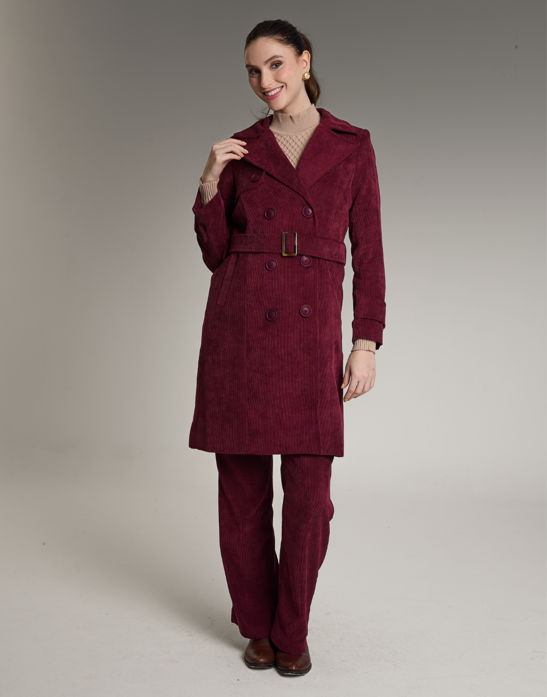 Trench Coat Veludo Cotelê Vinho