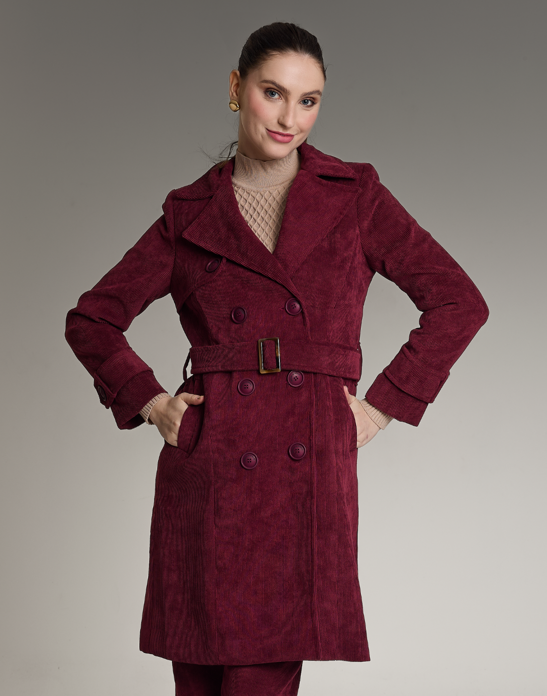Trench Coat Veludo Cotelê Vinho